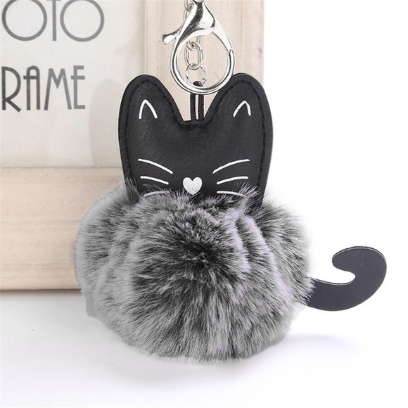Accessories - Black Kitty Cat with Grey Pom Pom Keychain